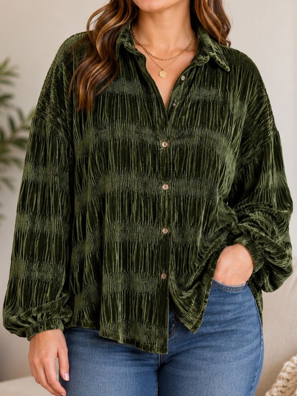 Umgee Olive Green Velvet Pleated Button Front Blouse Large Boho